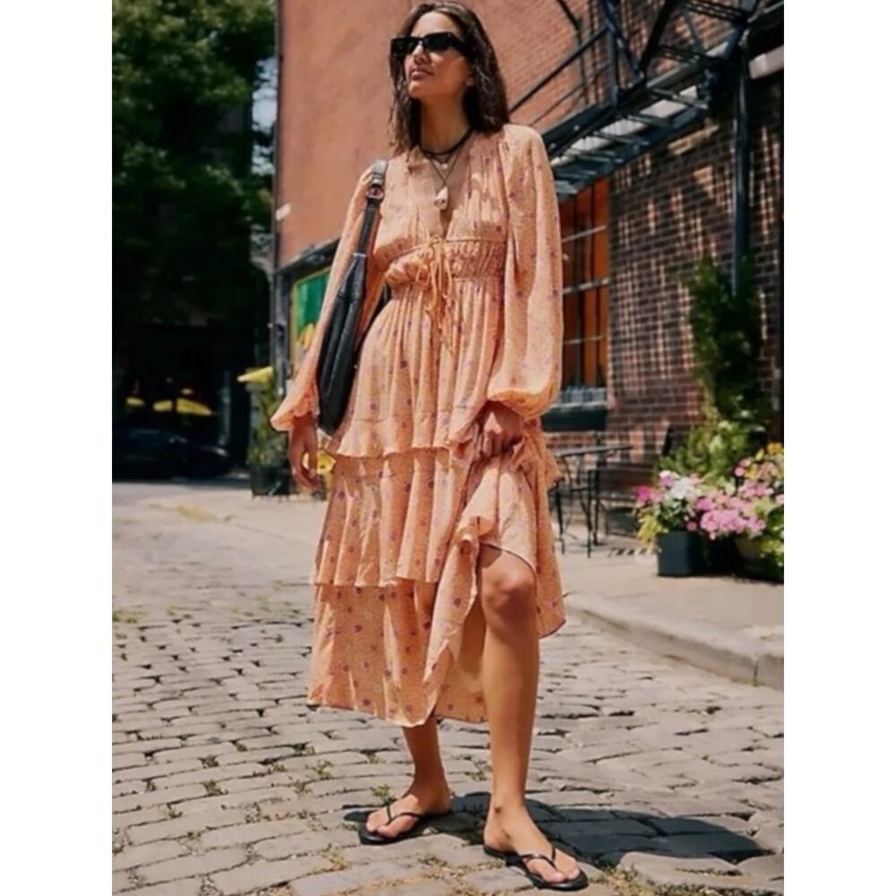 Free People Bohemian Gypsy Tiered Ruffle Maxi Dress Size Large Plunge Billowy - Picture 6 of 13